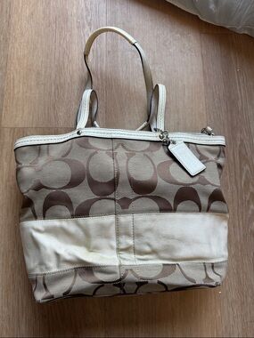Coach Two-Tone Signature Canvas Tote in Khaki and Chalk